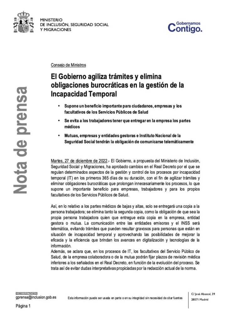 Nota de prensa del Consejo de Ministros